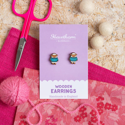 Woolly Sheep Wooden Earrings - Knitting Gift