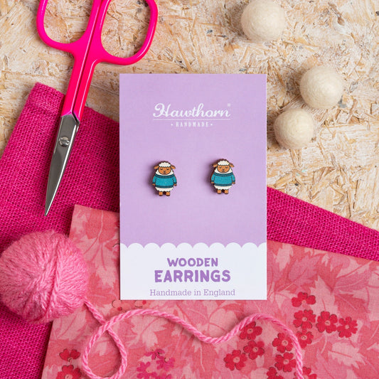 Woolly Sheep Wooden Earrings - Knitting Gift