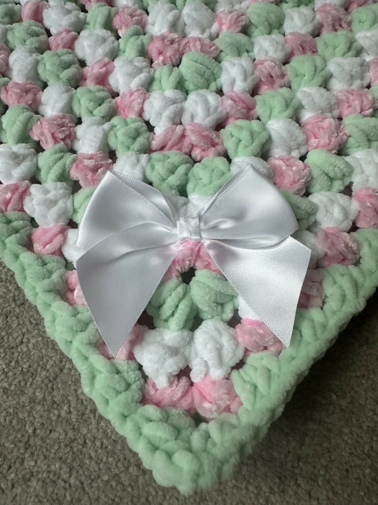 Handmade pink, mint & white baby pram blanket