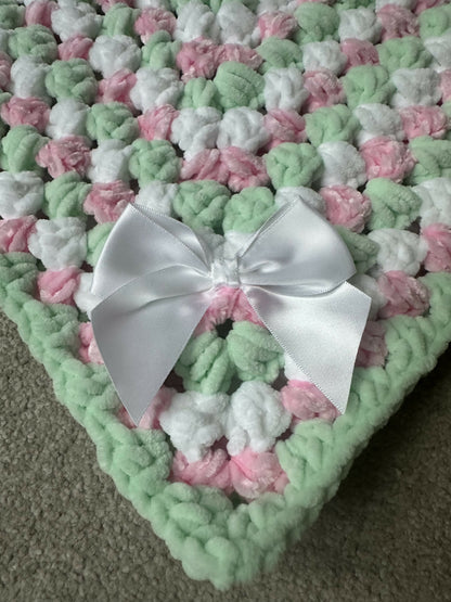 Handmade pink, mint & white baby pram blanket