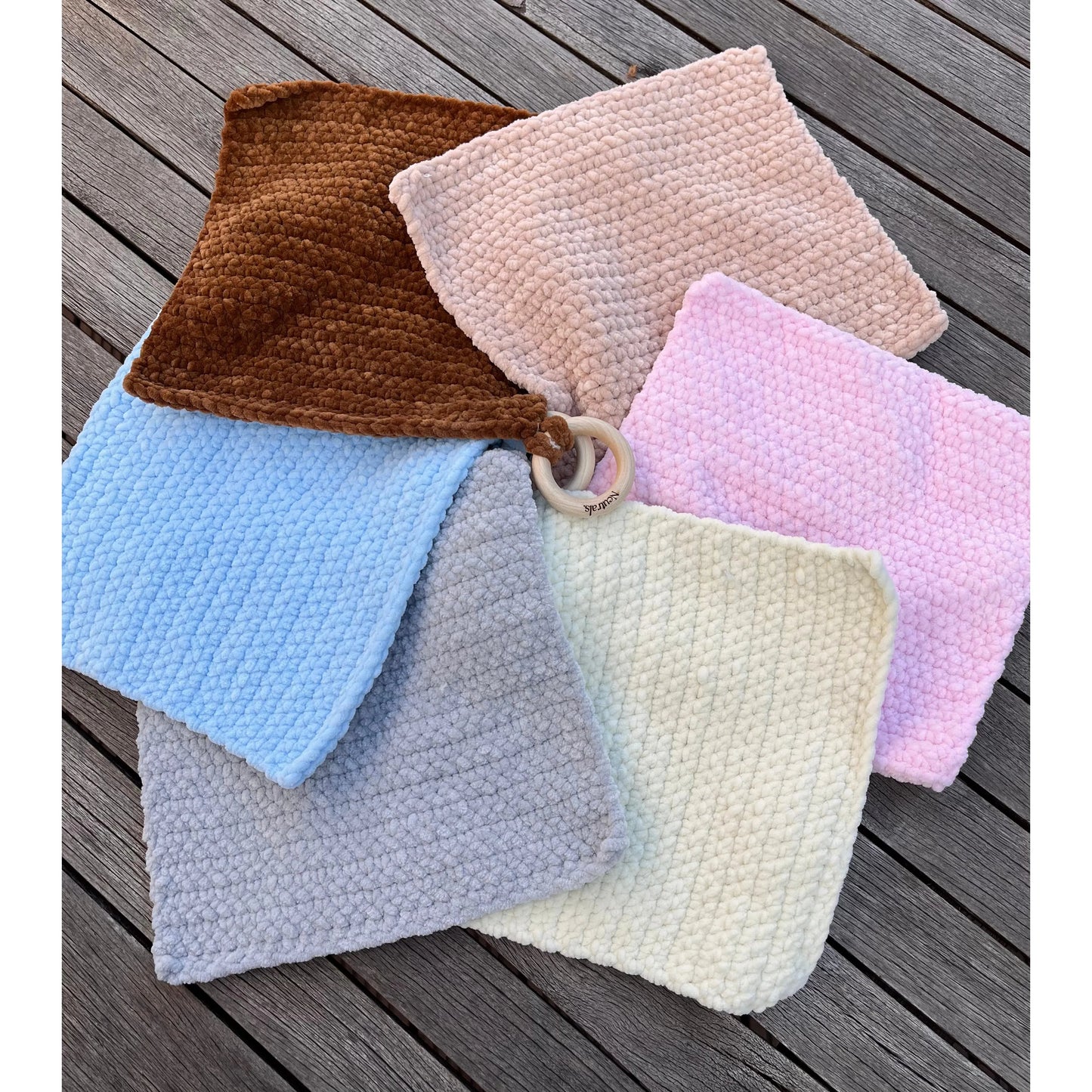 Soft Baby Comforter – Neutral Handmade with Wooden Ring