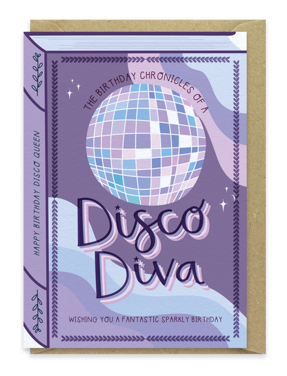 Disco Diva Birthday Card – Book Cover Style with Lilac Disco Ball