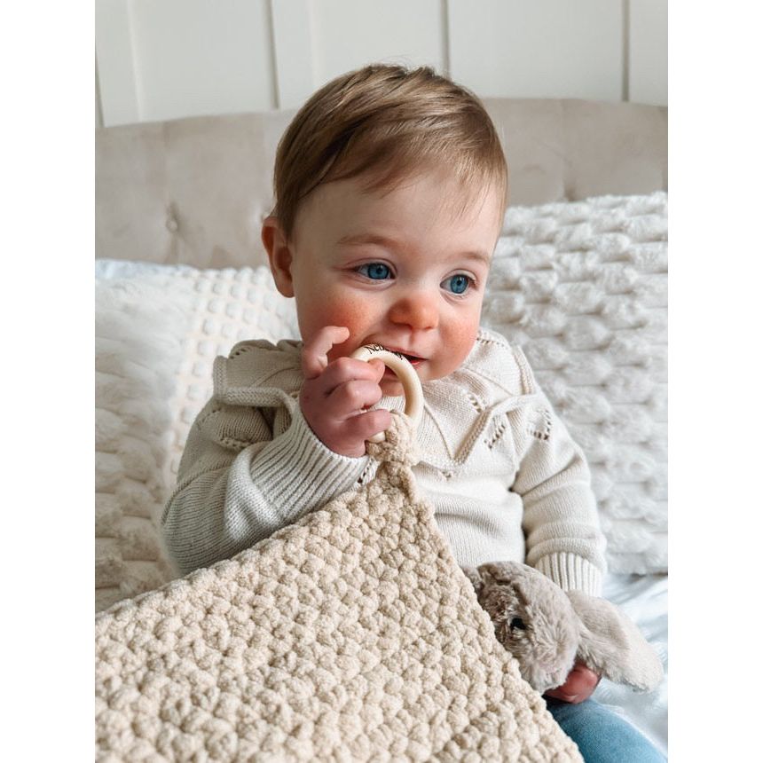 Soft Baby Comforter – Neutral Handmade with Wooden Ring