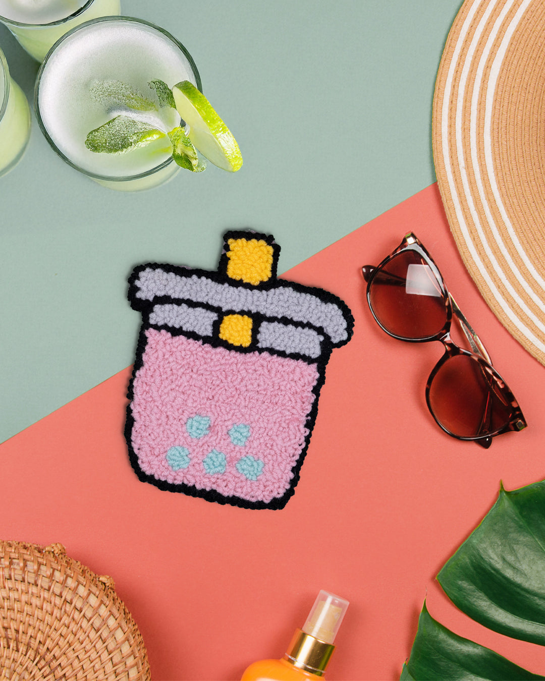 Bubble Tea (Boba) Punch Needle Coaster Pink