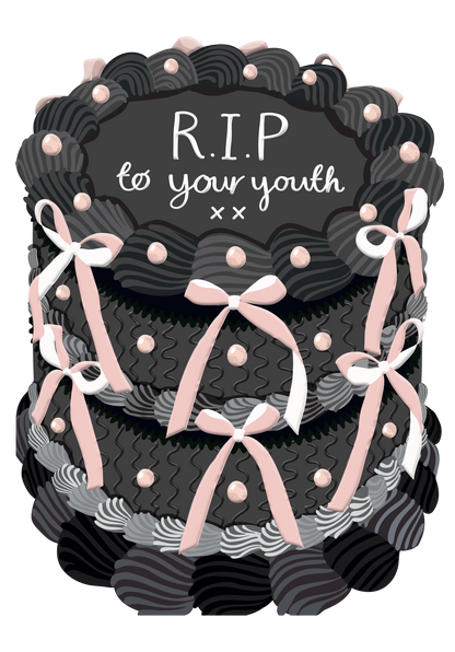 RIP to Your Youth Birthday Card – Funny Cake-Shaped Greeting Card | Gloss Finish