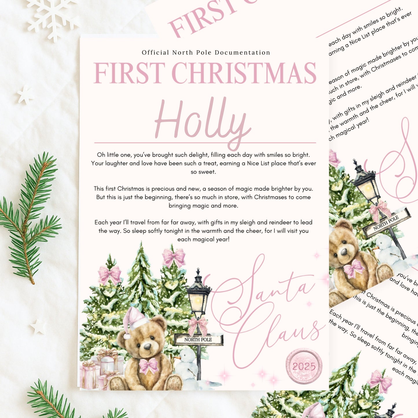 Personalised First Christmas Letter with envelope - pink bear