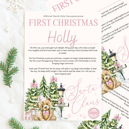 Personalised First Christmas Letter with envelope - pink bear
