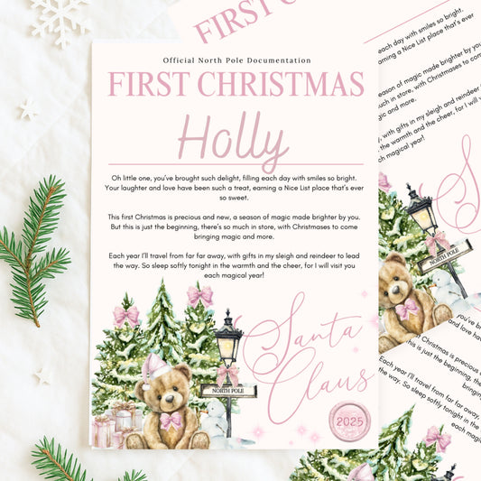 Personalised First Christmas Letter with envelope - pink bear