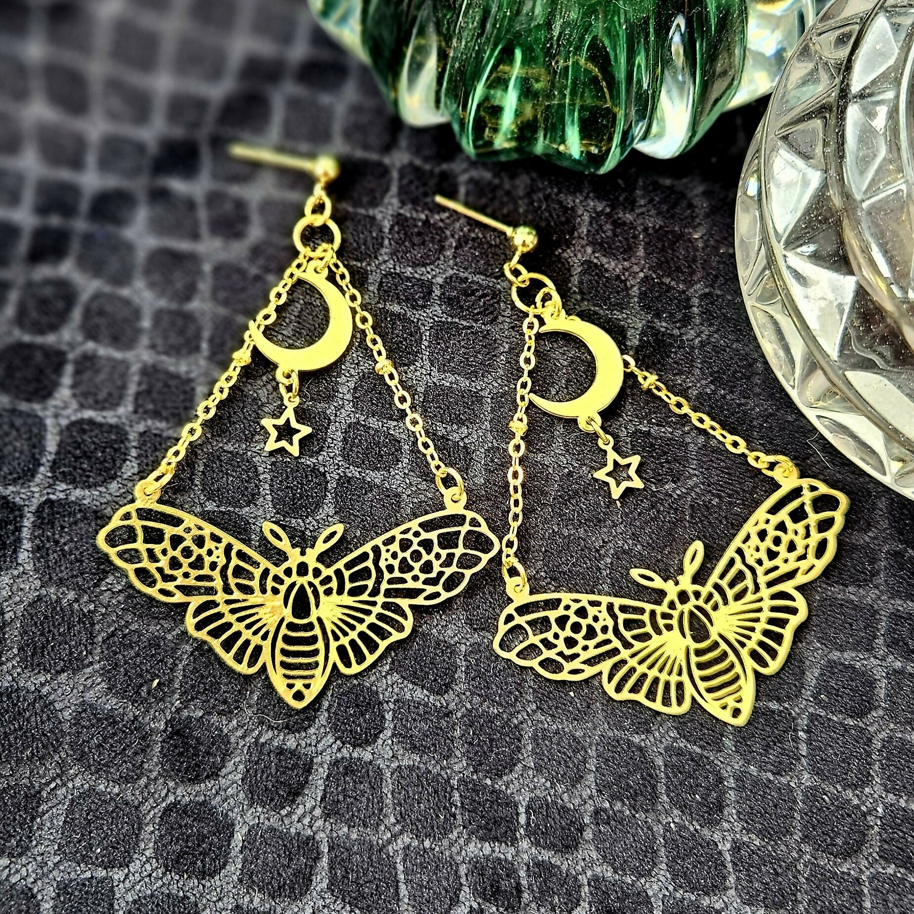 Celestial Moth Earrings – Gold Moon & Star Dangle Design - Forever After Boutique