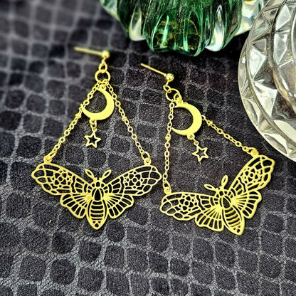 Celestial Moth Earrings – Gold Moon & Star Dangle Design - Forever After Boutique