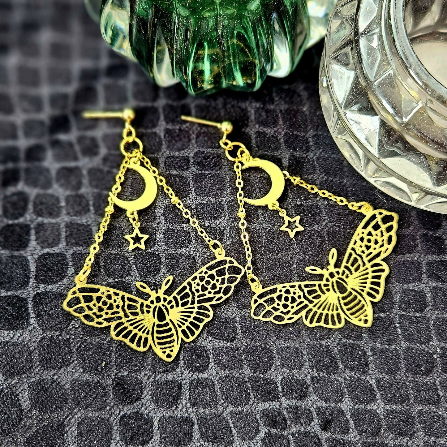 Celestial Moth Earrings – Gold Moon & Star Dangle Design - Forever After Boutique