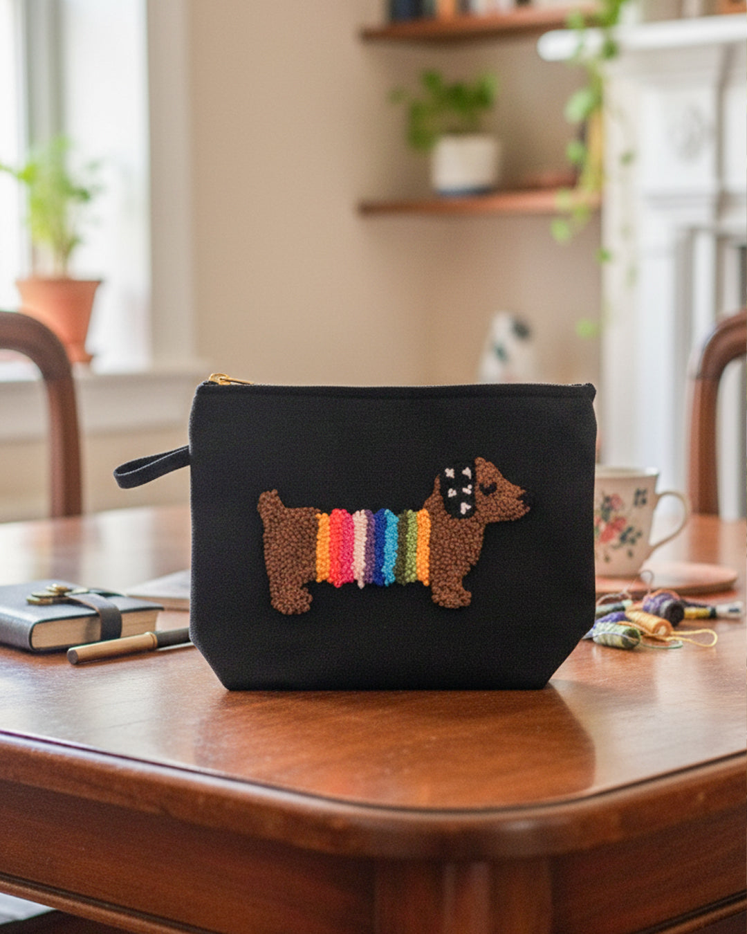 Handmade Sausage Dog Punch Needle Clutch