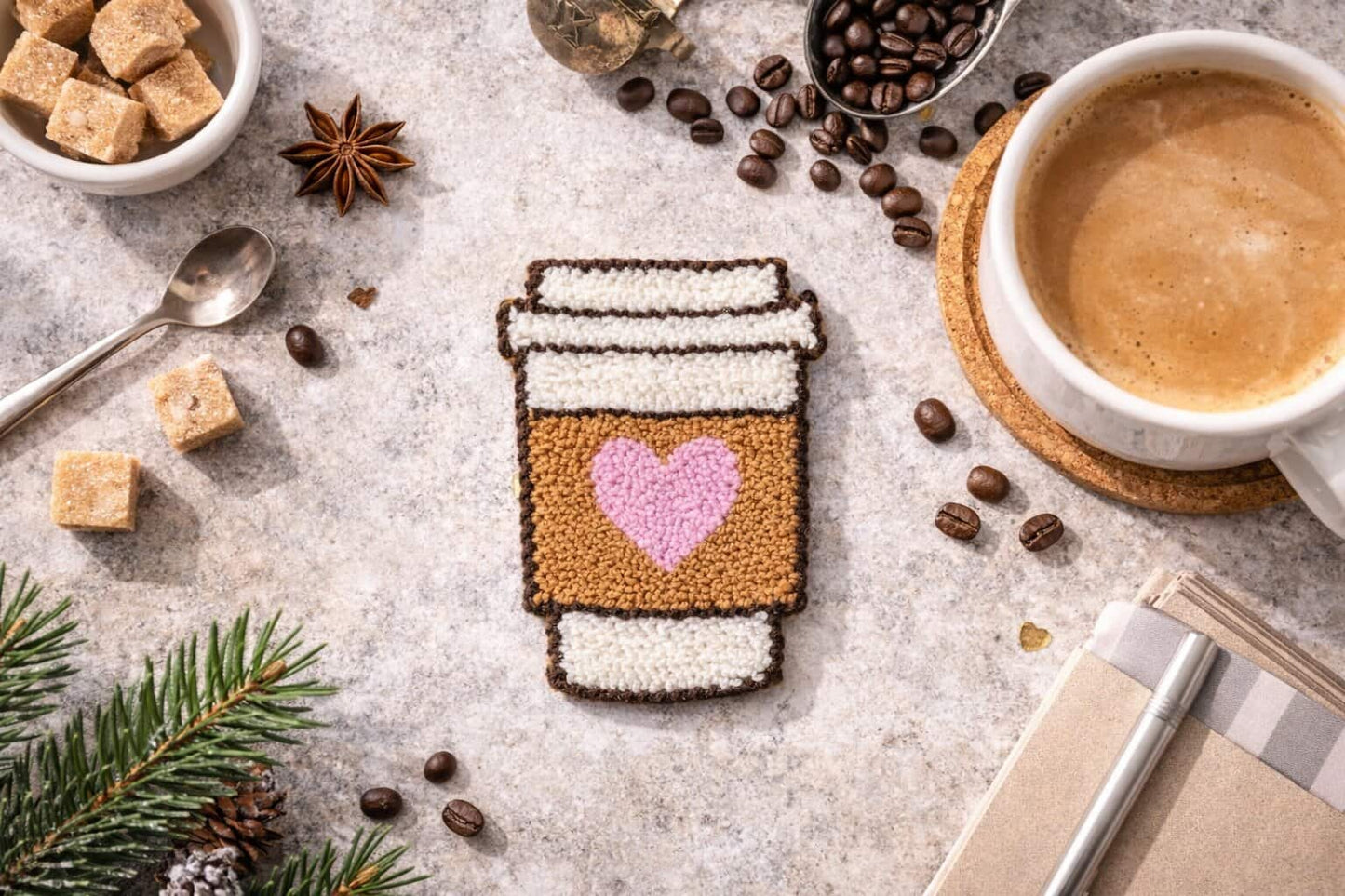 Coffee & Cupcake Punch Needle Coaster COFFEE HEART