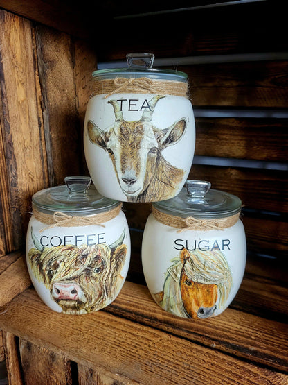 Tea, coffee and sugar canisters | kilner jars | Tea | Coffee | Sugar | Storage Jars | kitchen set / Farm Animals