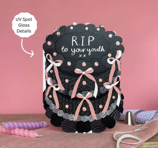 RIP to Your Youth Birthday Card – Funny Cake-Shaped Greeting Card | Gloss Finish