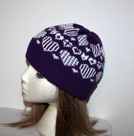 Deep Purple Beanie Hat with White Shabby Chic Hearts - Forever After Boutique