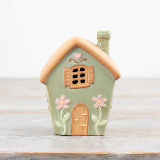 Fairy House Tealight Holder | Pastel Cottage Candle Holder Decor Soft Green