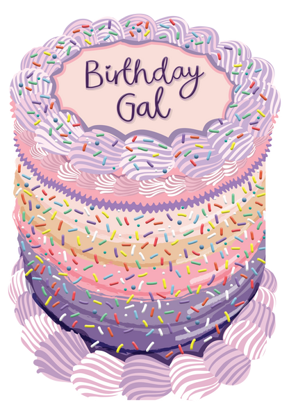 Birthday Gal Cake-Shaped Greeting Card – Pink & Purple Ombre with Sprinkles