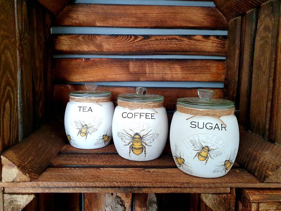 Bee Tea, coffee and sugar canisters | kilner jars | Tea | Coffee | Sugar | Storage Jars | kitchen set