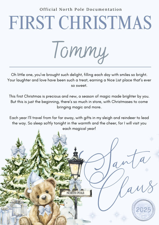First Christmas letter with envelope - blue bear