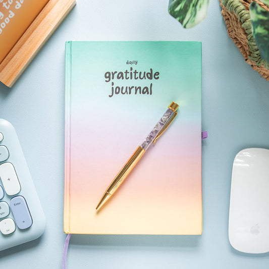 Multicoloured Gratitude Journal with Amethyst Pen – Manifest Magic & Mindfulness