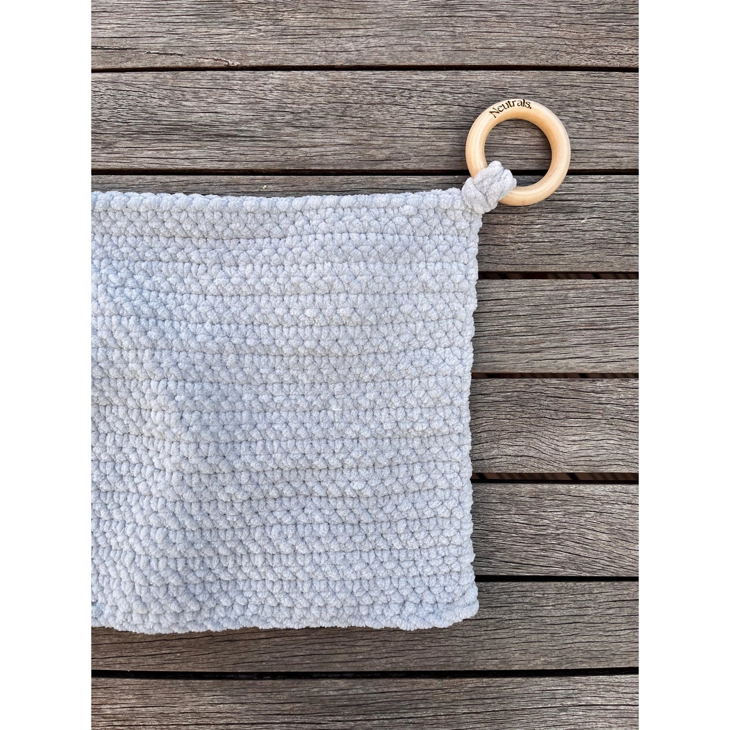 Soft Baby Comforter – Neutral Handmade with Wooden Ring