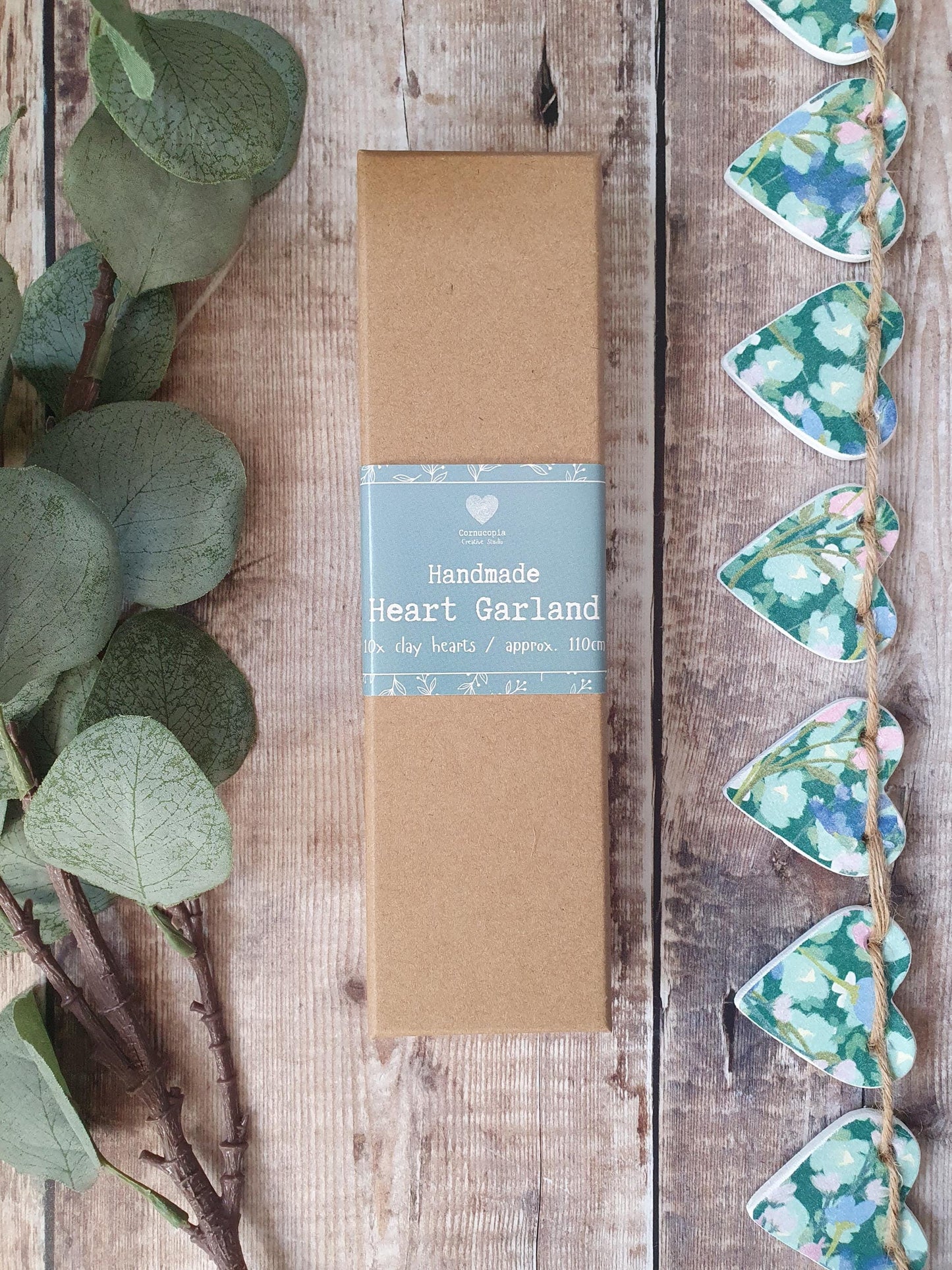 Teal Garden Clay Heart Garland