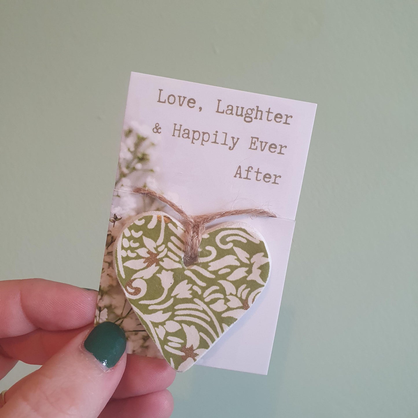 Wedding Pocket Token - Green & Gold Clay Heart - Love, Laughter, Happily Ever After Wedding Gift