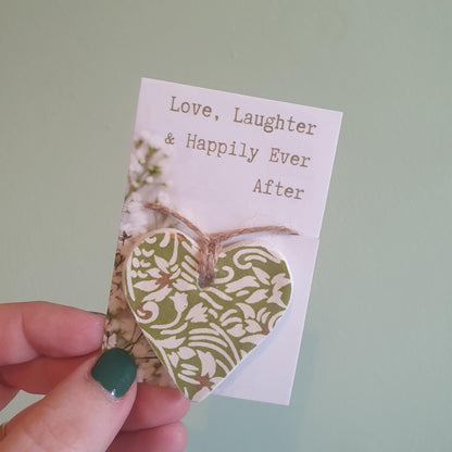 Wedding Pocket Token - Green & Gold Clay Heart - Love, Laughter, Happily Ever After Wedding Gift