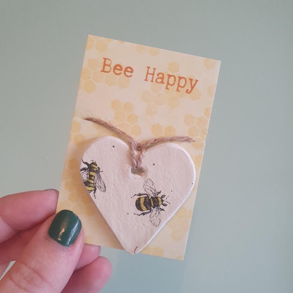 Clay Heart Keepsake Decoration - Bee Happy - Pocket Token - Pick-Me-Up - Sentiment Gift