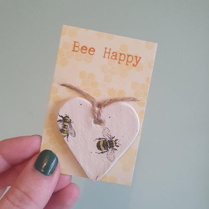 Clay Heart Keepsake Decoration - Bee Happy - Pocket Token - Pick-Me-Up - Sentiment Gift