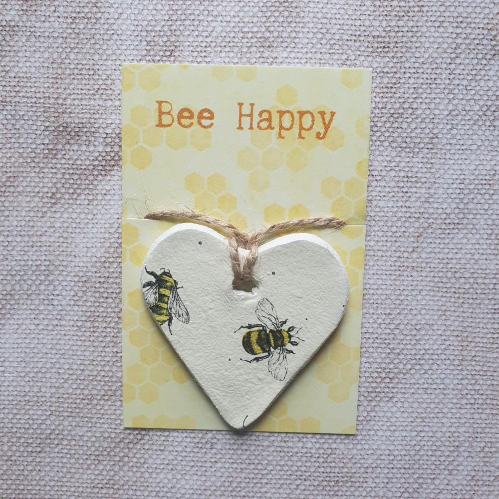 Clay Heart Keepsake Decoration - Bee Happy - Pocket Token - Pick-Me-Up - Sentiment Gift