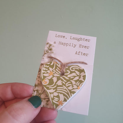 Wedding Pocket Token - Green & Gold Clay Heart - Love, Laughter, Happily Ever After Wedding Gift