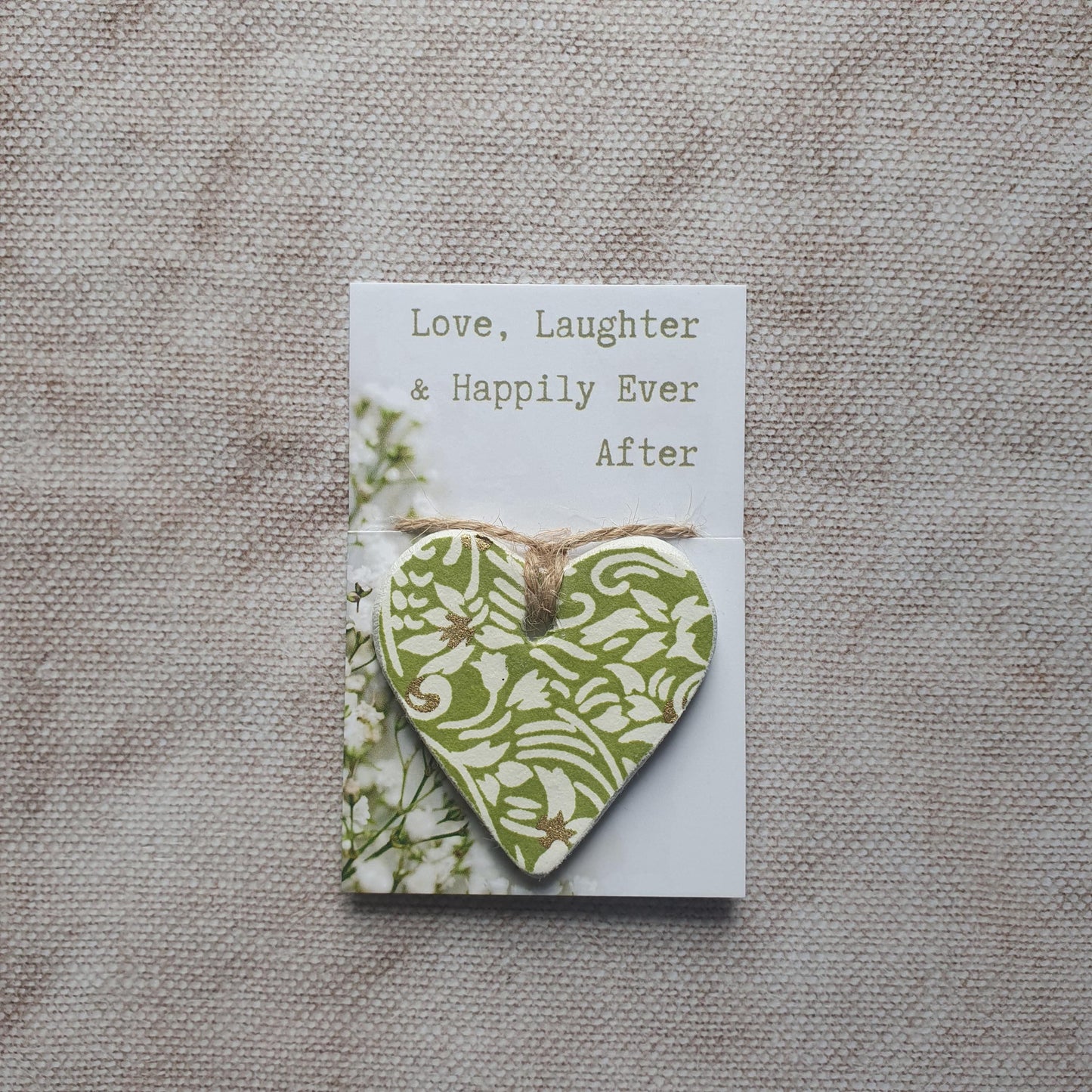 Wedding Pocket Token - Green & Gold Clay Heart - Love, Laughter, Happily Ever After Wedding Gift