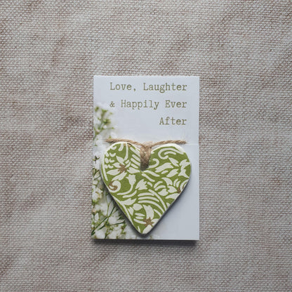 Wedding Pocket Token - Green & Gold Clay Heart - Love, Laughter, Happily Ever After Wedding Gift