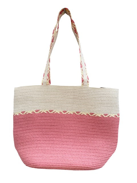 Large Woven Summer Tote Bag | Beach & Holiday Bag with Zip Closure Pink