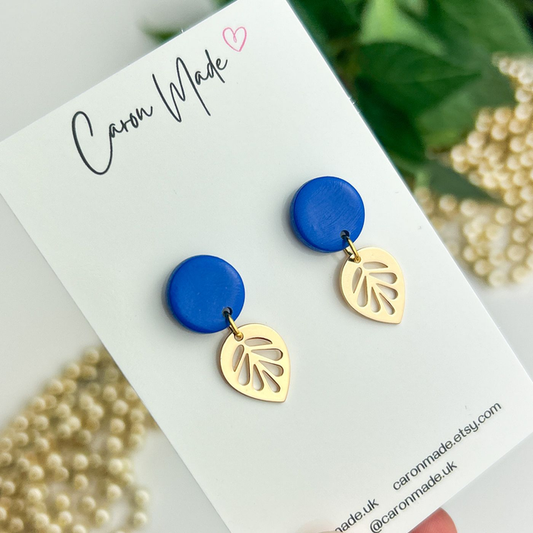 Bright Blue Dangle Earrings with gold leaf charm