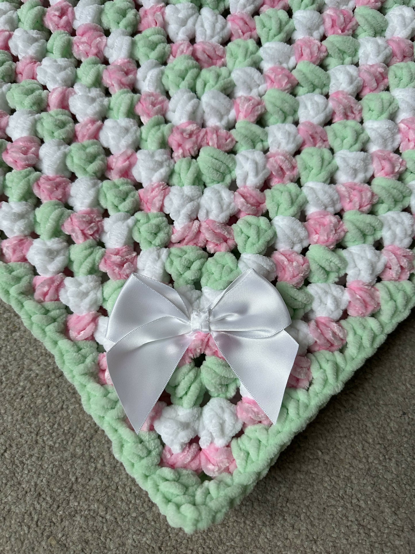 Handmade pink, mint & white baby pram blanket