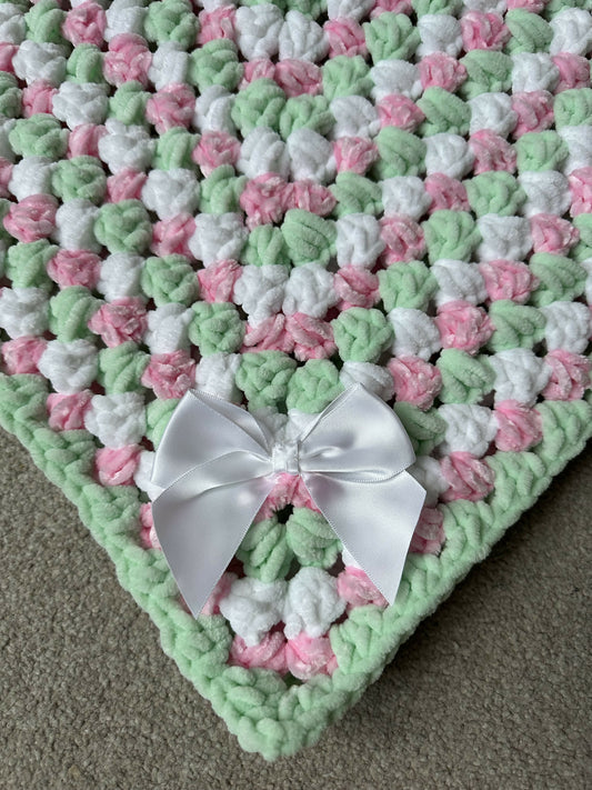 Handmade pink, mint & white baby pram blanket