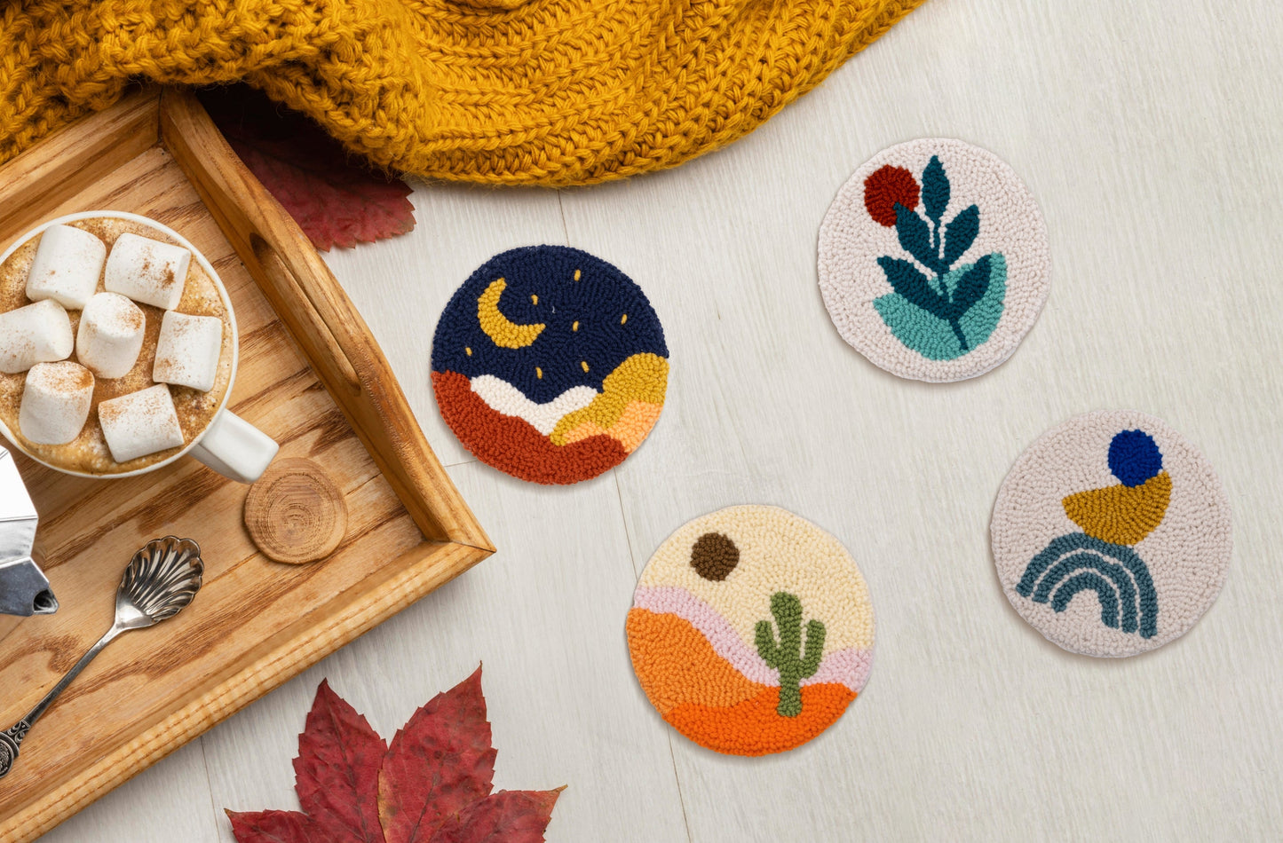 Boho Punch Needle Coasters SET OF 4