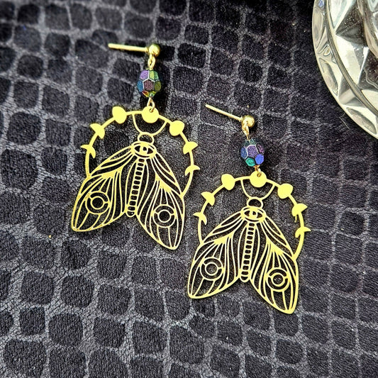 Luna Phase Moth Earrings - Gold and Multi - Faceted Beads - Forever After Boutique
