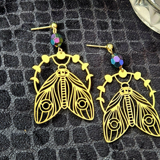 Luna Phase Moth Earrings - Gold and Multi - Faceted Beads - Forever After Boutique