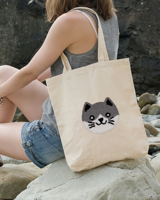 Light Grey Cat Punch Needle Tote Bag