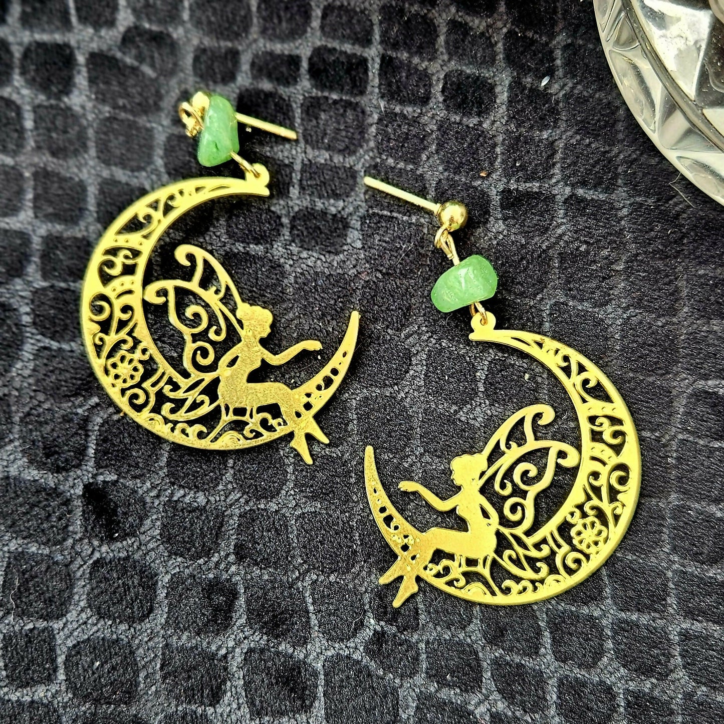 Moon and Fairy Earrings - Gold and Green - Forever After Boutique