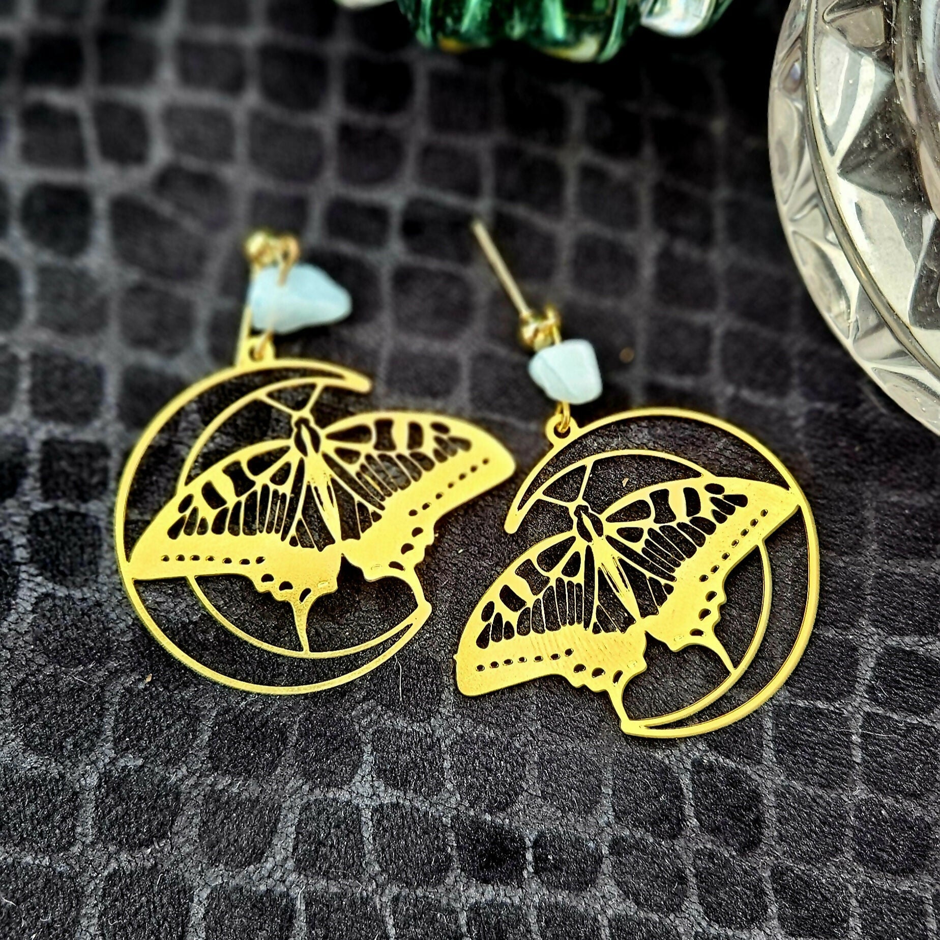 Moon and Moth Earrings - Gold and Blue - Forever After Boutique