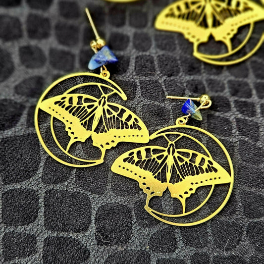 Moon and Moth Earrings - Gold and Blue - Forever After Boutique