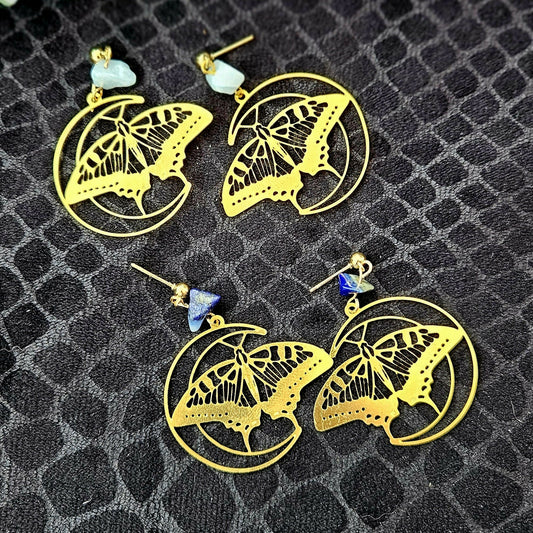 Moon and Moth Earrings - Gold and Blue - Forever After Boutique