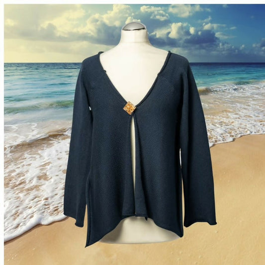 Navy Blue Soft Cotton Bolero cardigan with handcrafted Seashore brooch. - Forever After Boutique