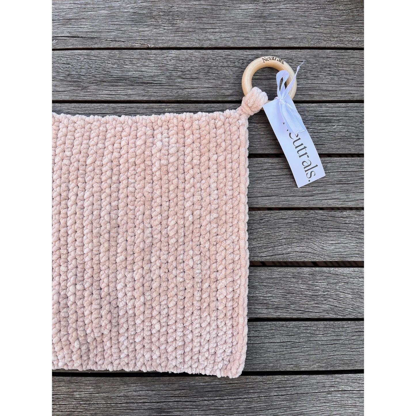 Soft Baby Comforter – Neutral Handmade with Wooden Ring