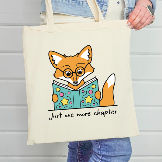 One More Chapter Bookish Tote Bag ft. Maple the Fox